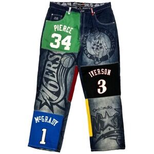 VTG - NBA 90's Jersey Jeans Basketball Pants Lakers, 76ers, Magic, Celtics, Cavs